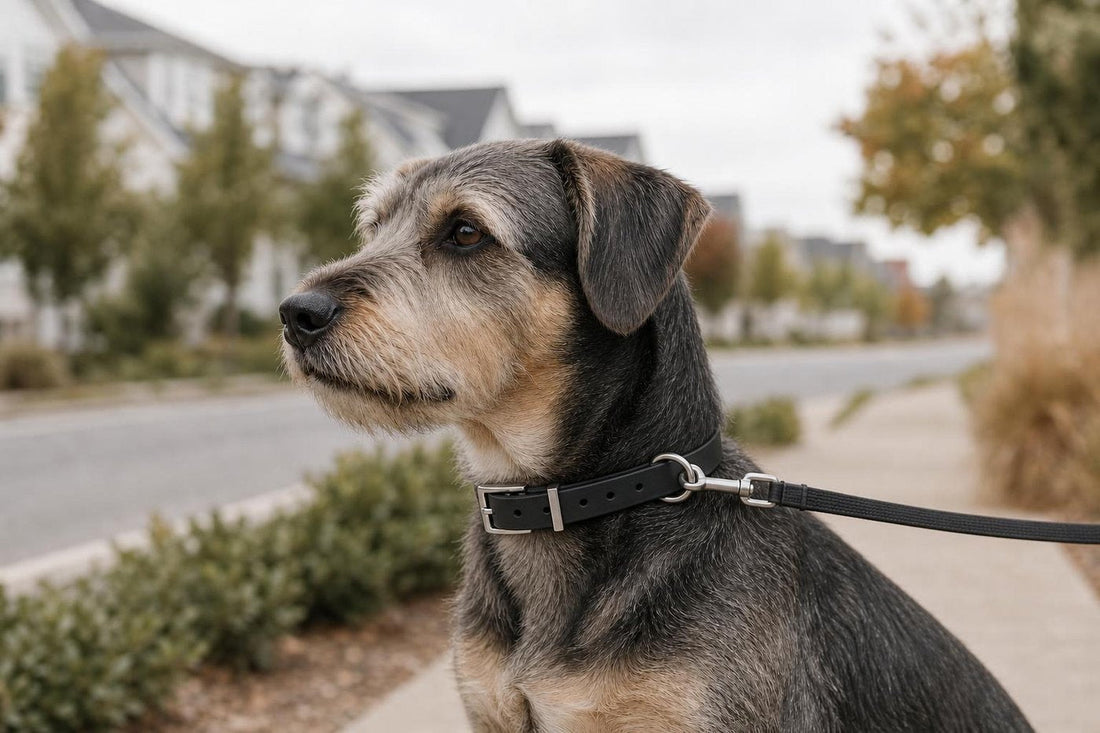 Dog wearing a properly fitted black silicone collar during an everyday neighborhood walk