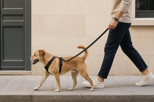Dog wearing a matching black leash and harness set during a calm daily walk