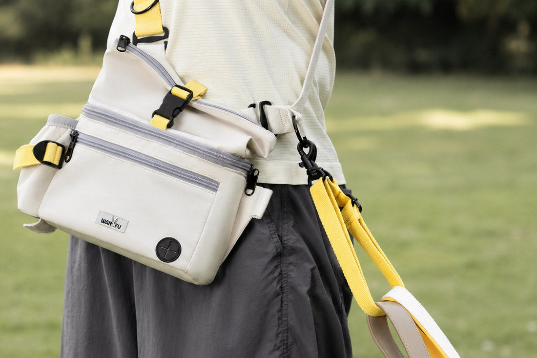 Dog walking waist pack worn with a leash during an everyday walk