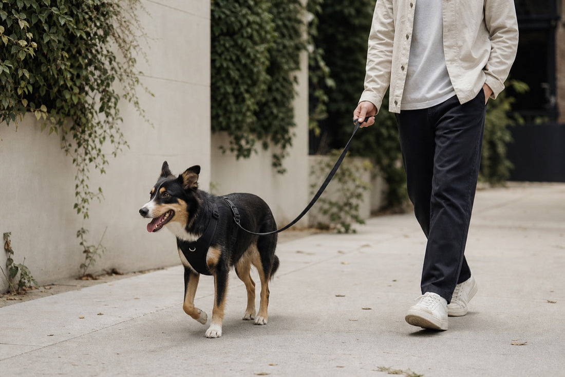 Dog wearing a black everyday harness on a calm daily walk