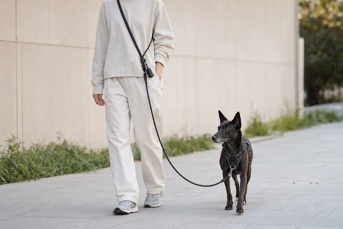 Person wearing a hands-free dog leash crossbody during a calm daily dog walk
