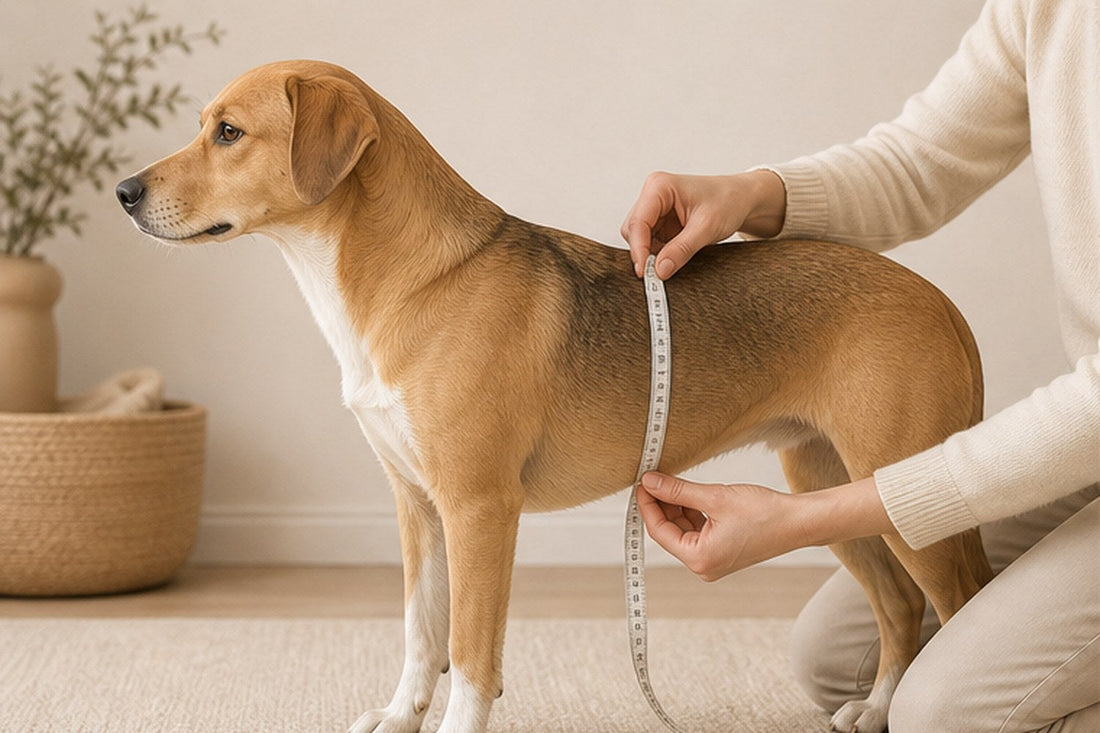 Owner measuring a dog’s chest girth with a soft tape before choosing a harness