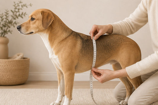 Owner measuring a dog’s chest girth with a soft tape before choosing a harness