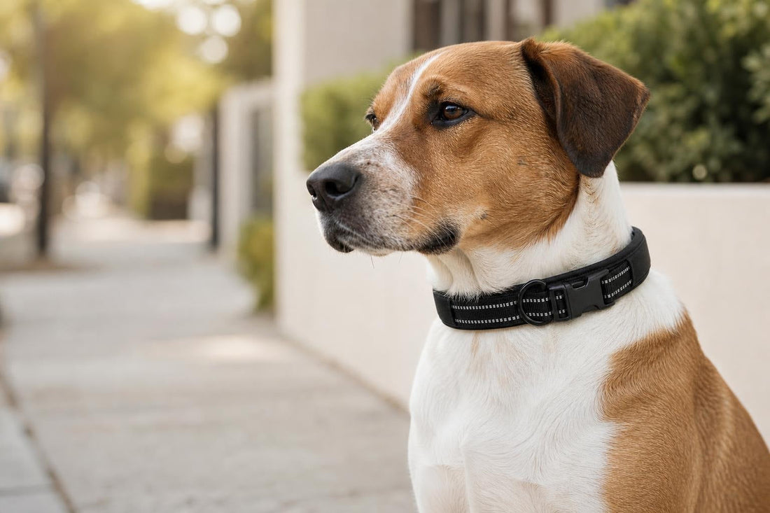 Dog wearing a refined padded collar designed for comfortable everyday walks