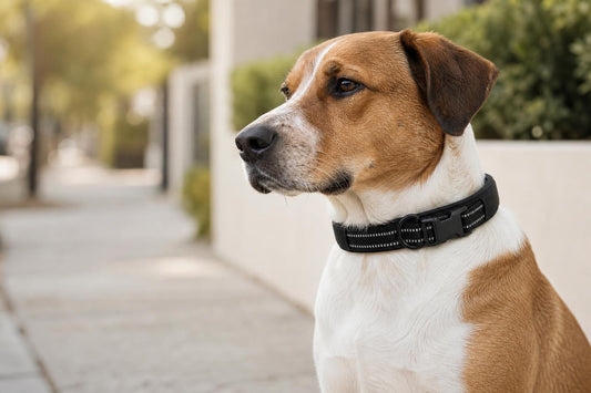 Dog wearing a refined padded collar designed for comfortable everyday walks