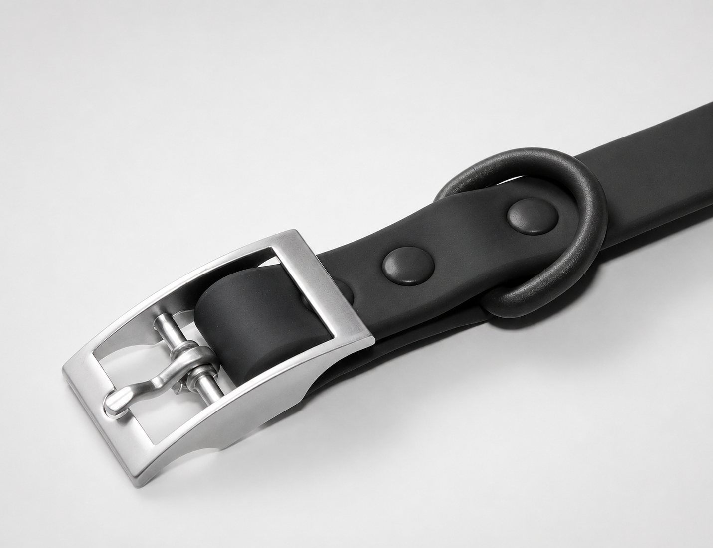 WALQO CleanFit silicone dog collar detail with waterproof silicone strap, adjustable fit holes, and walk-ready hardware