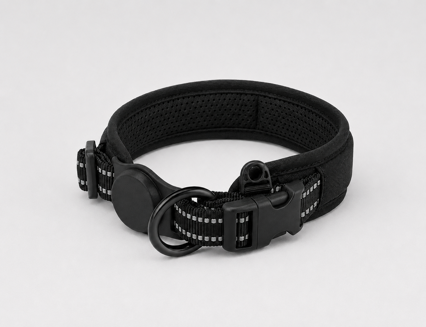WALQO Everyday Comfort Padded Dog Collar detail with padded lining, adjustable fit points, and walk-ready hardware